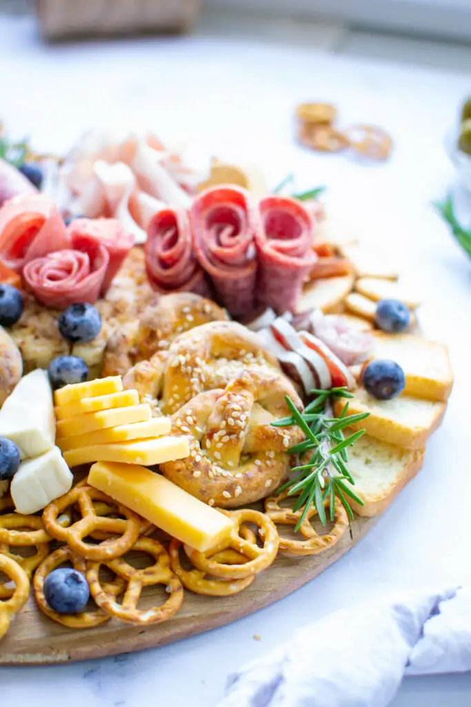 close up view on a side of pretzel charcuterie board 