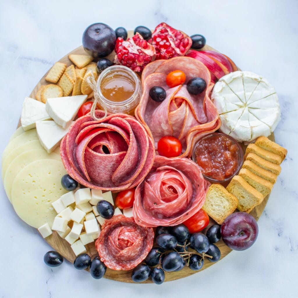 charcuterie display on a round board