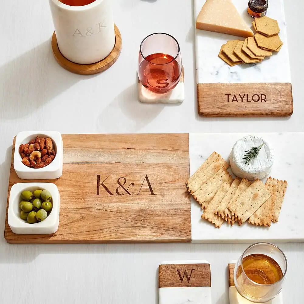 charcuterie board made from wood and marble that can be personalized
