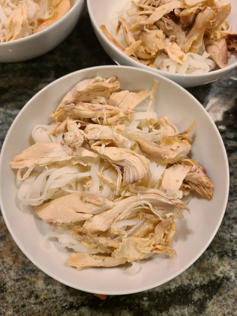 top view of a bowl of cooked noodles topped with cooked, shredded chicken