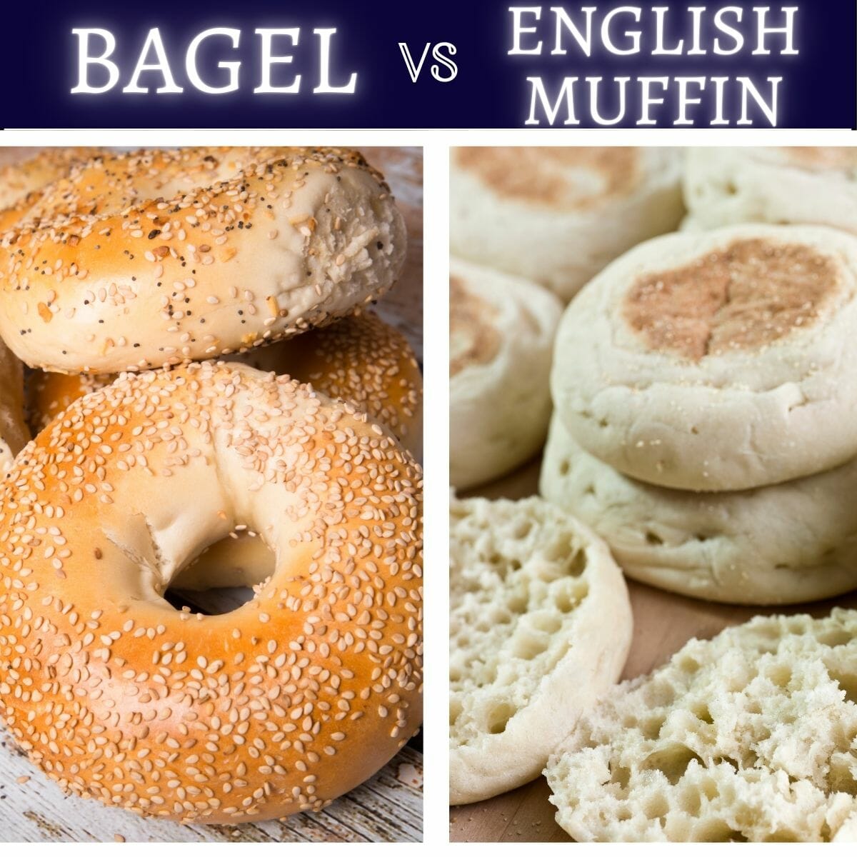 comparison image showing is english muffin or bagel healthier with bagels on one side of the image and sliced english muffins on the other side