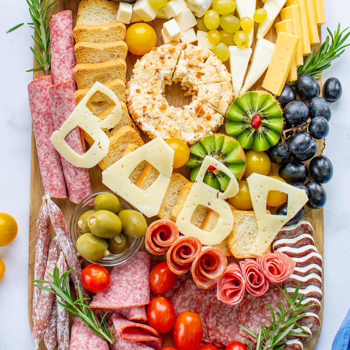 top view of charcuterie board for baby shower