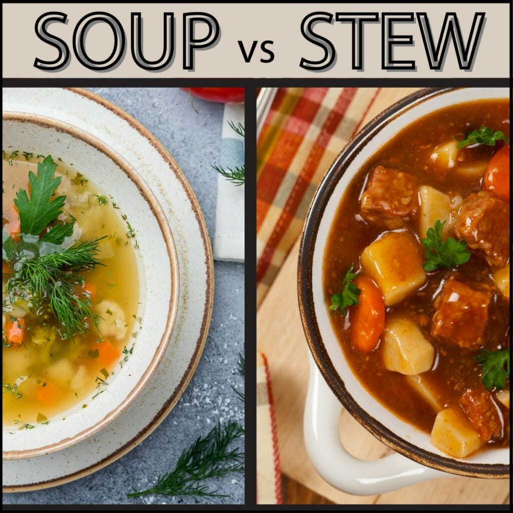 graphic that shows the difference between soup and stew with a top view of a bowl of chicken soup and a bowl of beef stew next to each other.