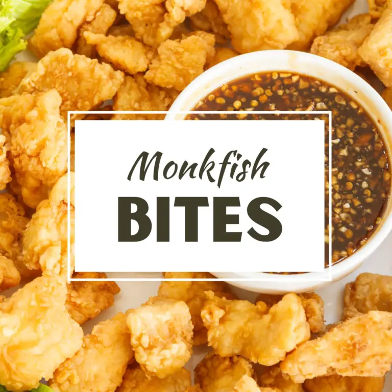 top view of fried monkfish bites recipe with a dipping sauce