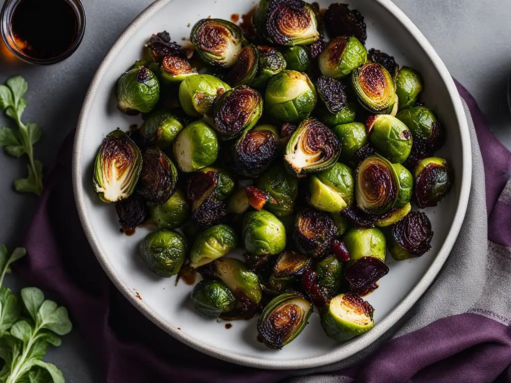 Air Fryer Brussels Sprouts with Balsamic Glaze on table