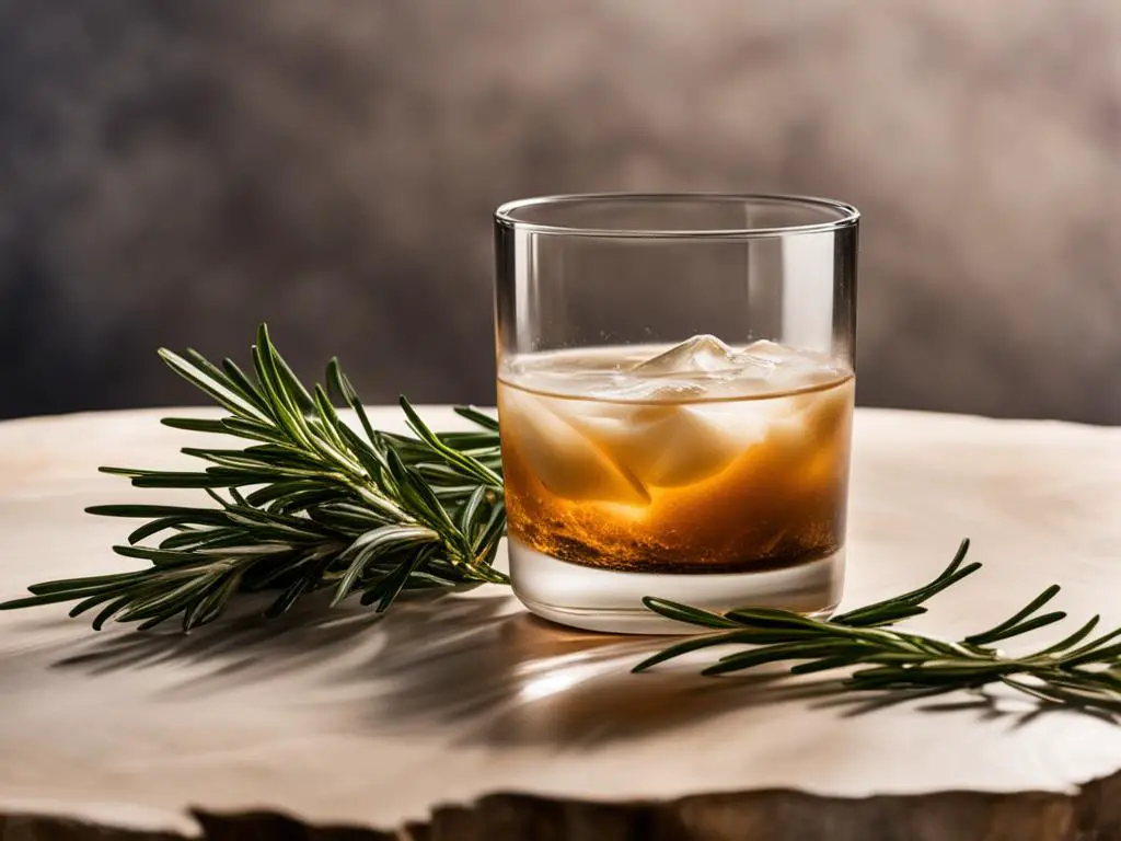 White Russian Cocktail glass with rosemary on a table 