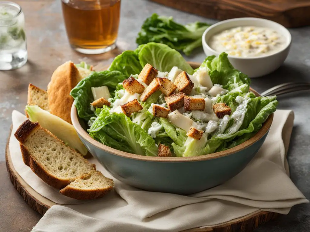 Caesar salad  in bowl with bread on a serving board in front of sauce and juices 