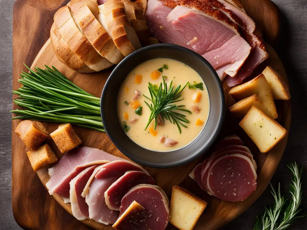 Potato Soup with Rosemary, Meat and Bread Slices on the Serving Board