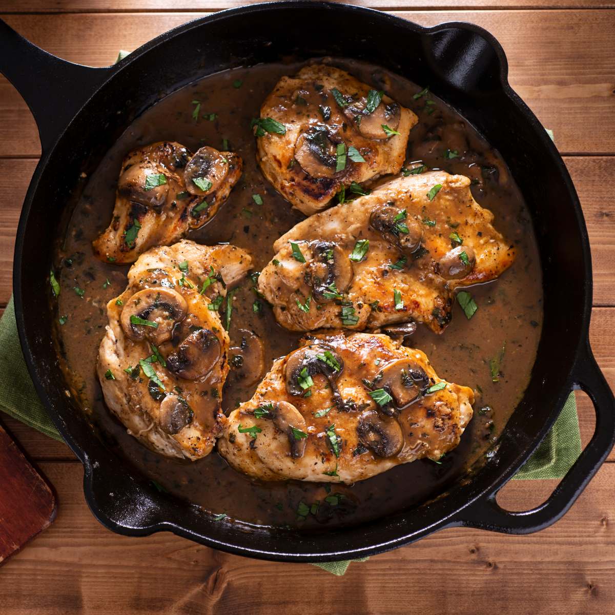 Chicken Marsala in a pan on a table
