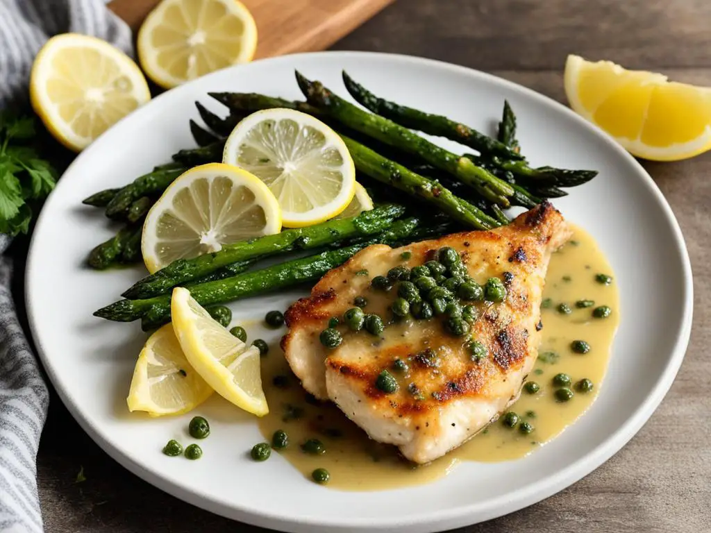 Chicken Piccata with Lemon and Grilled Asparagus plate on a table 