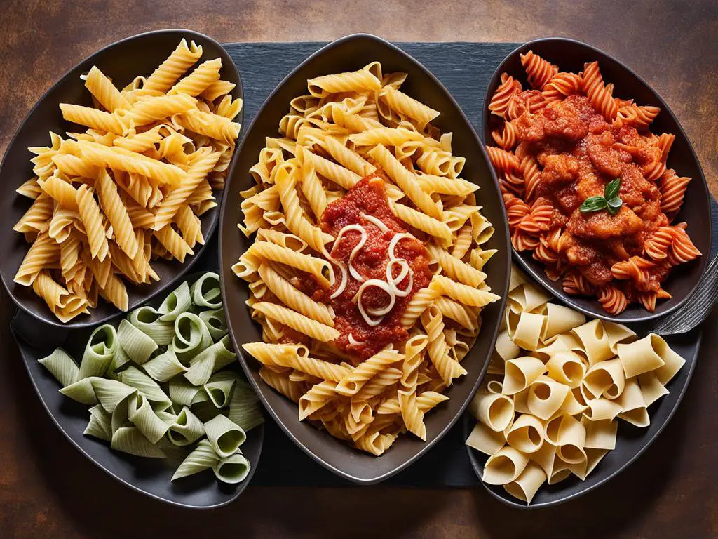 Pasta varieties in dishes on serving board on a table