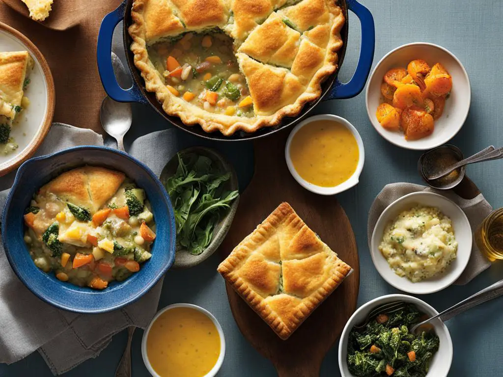 Varieties of Pot Pies, Vegetables, Sauces with spoons on the table
