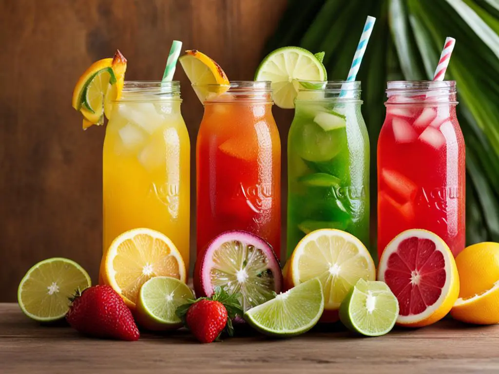Varieties of Agua Fresca with colorful oranges and strawberries on table