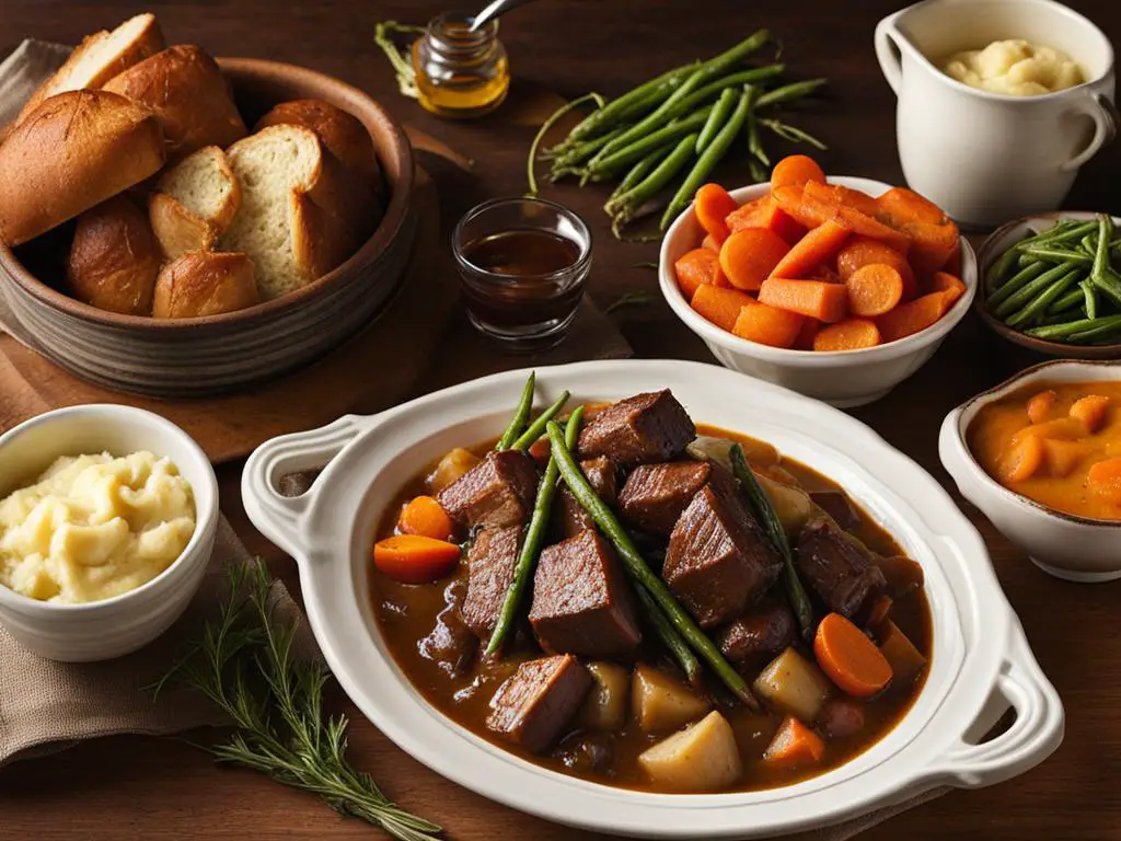 Beef Stew with Mashed Potatoes, Vegetables and Bread on the table
