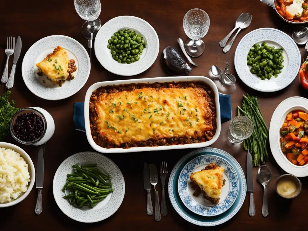 Shepherd's pie with side dishes on the table
