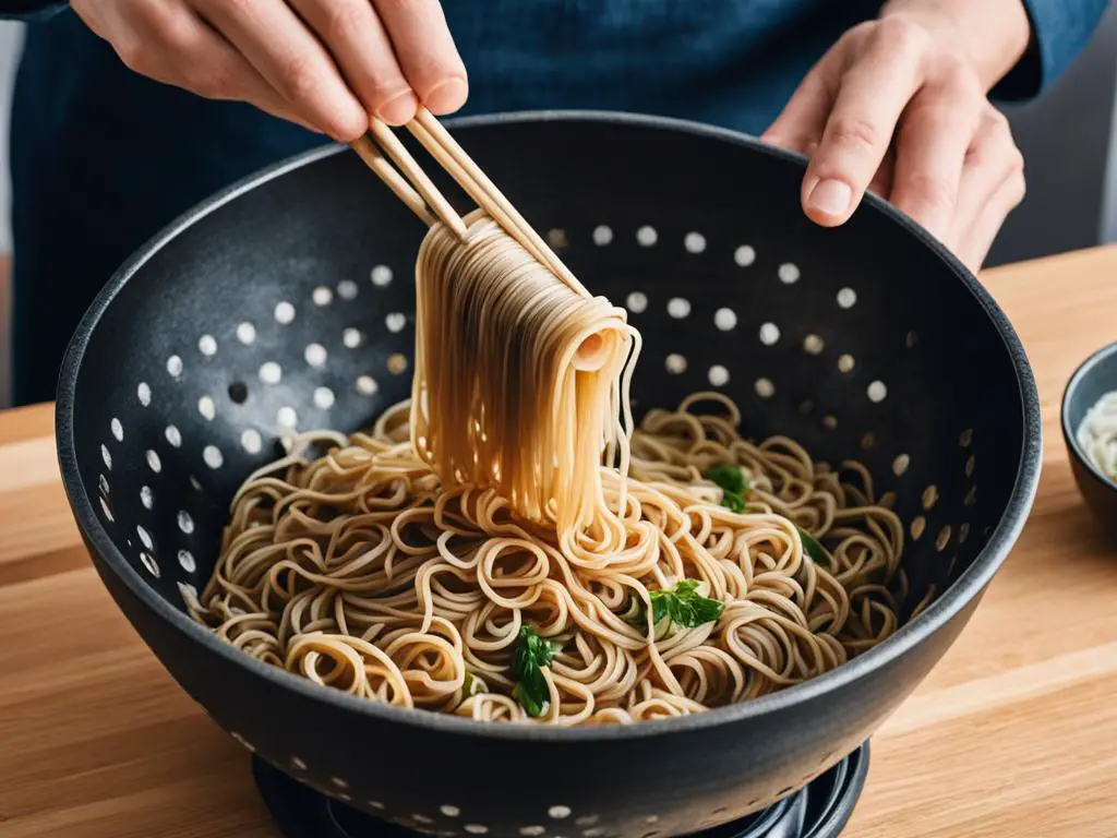 Soba noodles with greens hold with chopsticks by a women in a bowl on the table
