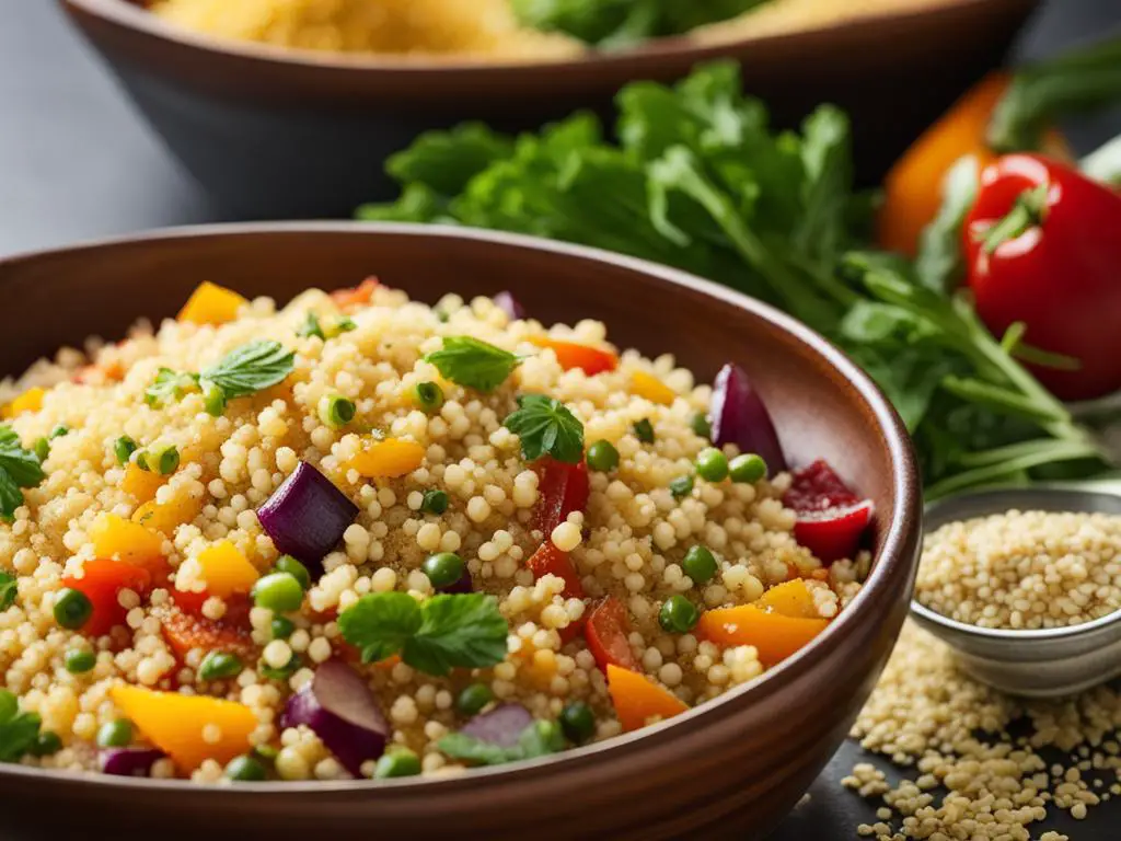 A bowl of couscous with vegetables on the table