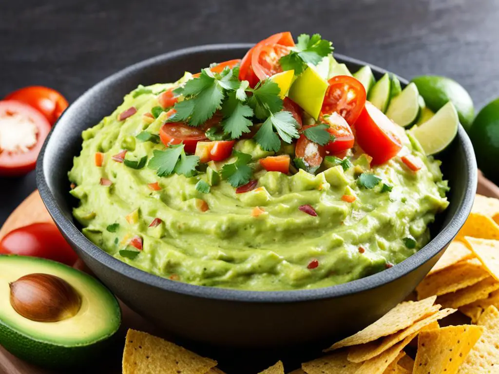 Creamy Mexican guacamole with tomatoes, lemon, and coriander, served alongside fresh avocados and nachos on the table.