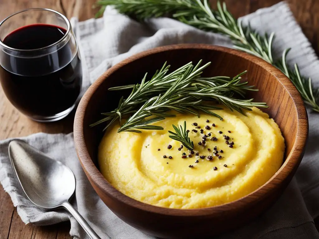 Creamy polenta, a drink, and a spoon on the table