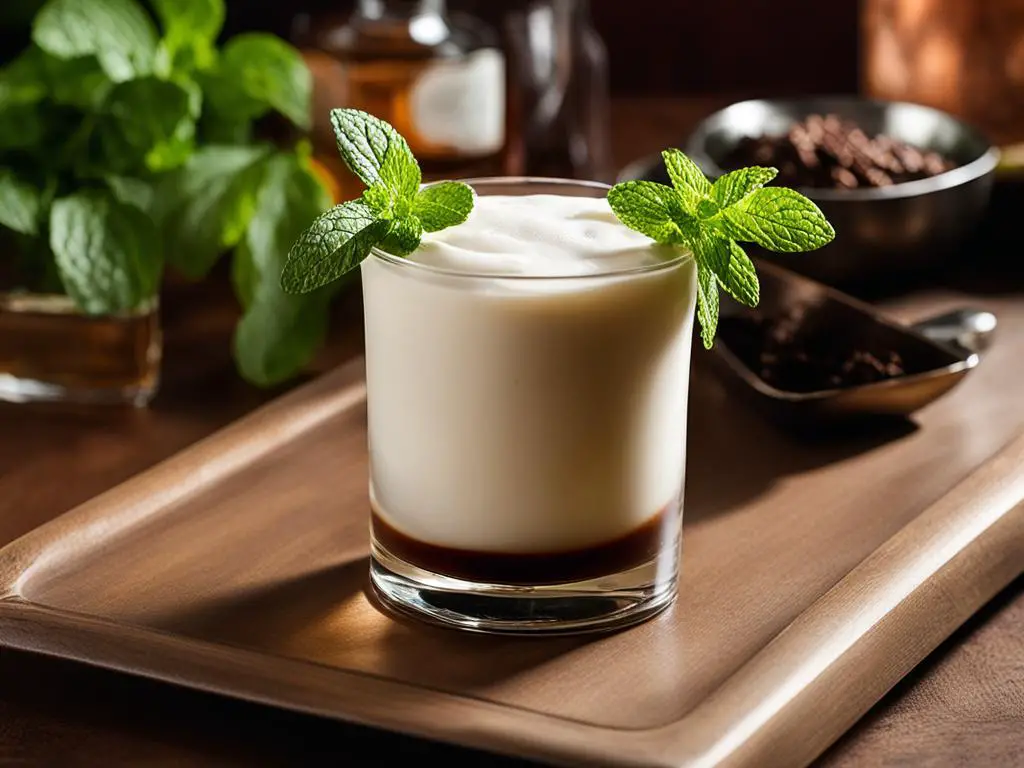 White Russian cocktail  topped with mint on a serving board on table