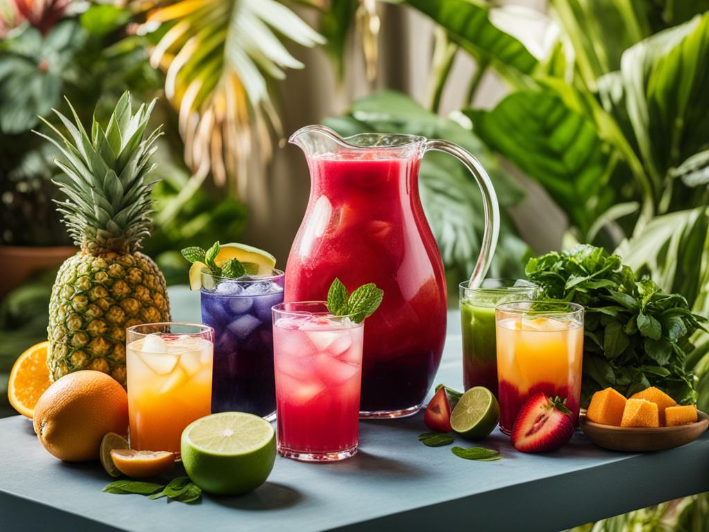 Varieties of Juices with fruits on table