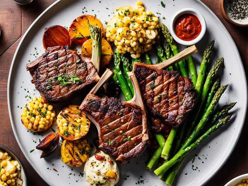 Lamb chops with grilled asparagus, corn, and bowl of sauce on a tray.