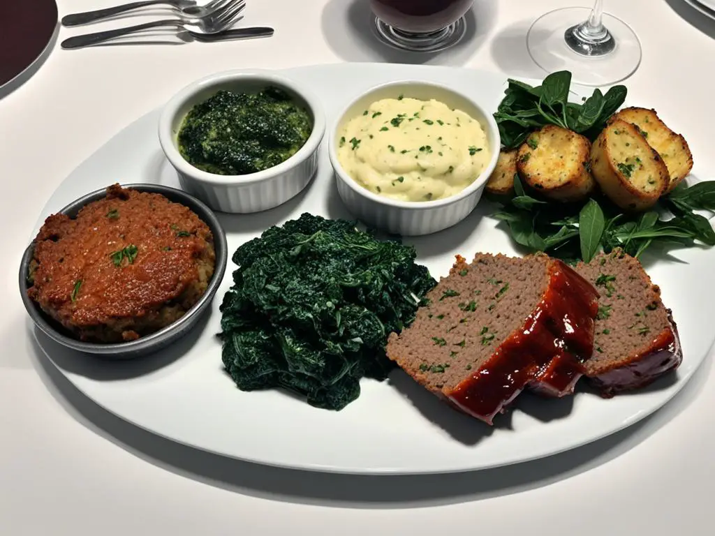 Mashed Cauliflower, Meatloaf, Roasted Potatoes and Greens in a plate on the tab;e