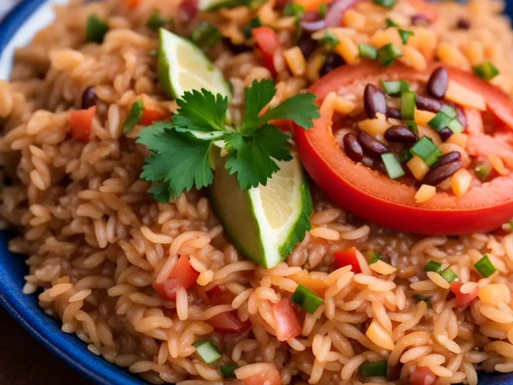 Delicious Mexican rice and beans garnished with Tomato, Lemon and Coriander on a plate