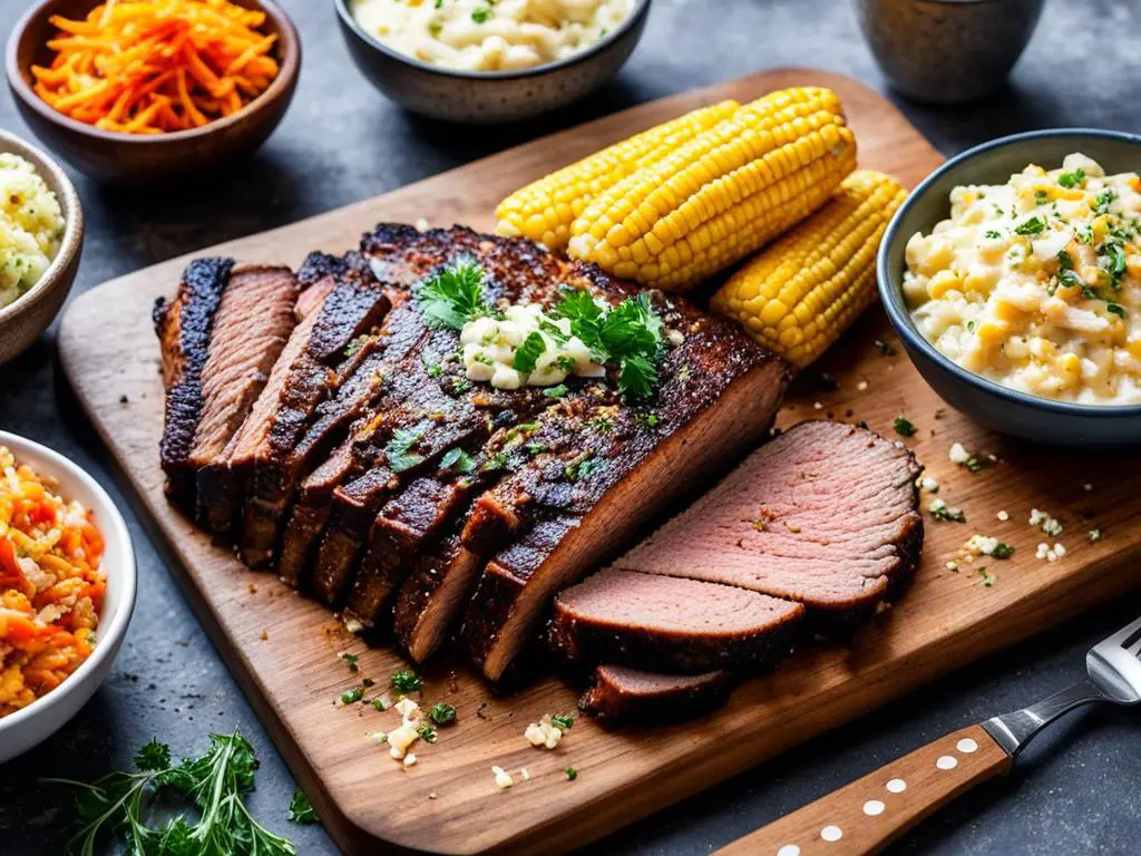 brisket pieces with corns and mashed Potatoes on cutting board with vegetables bowls placed on the table 