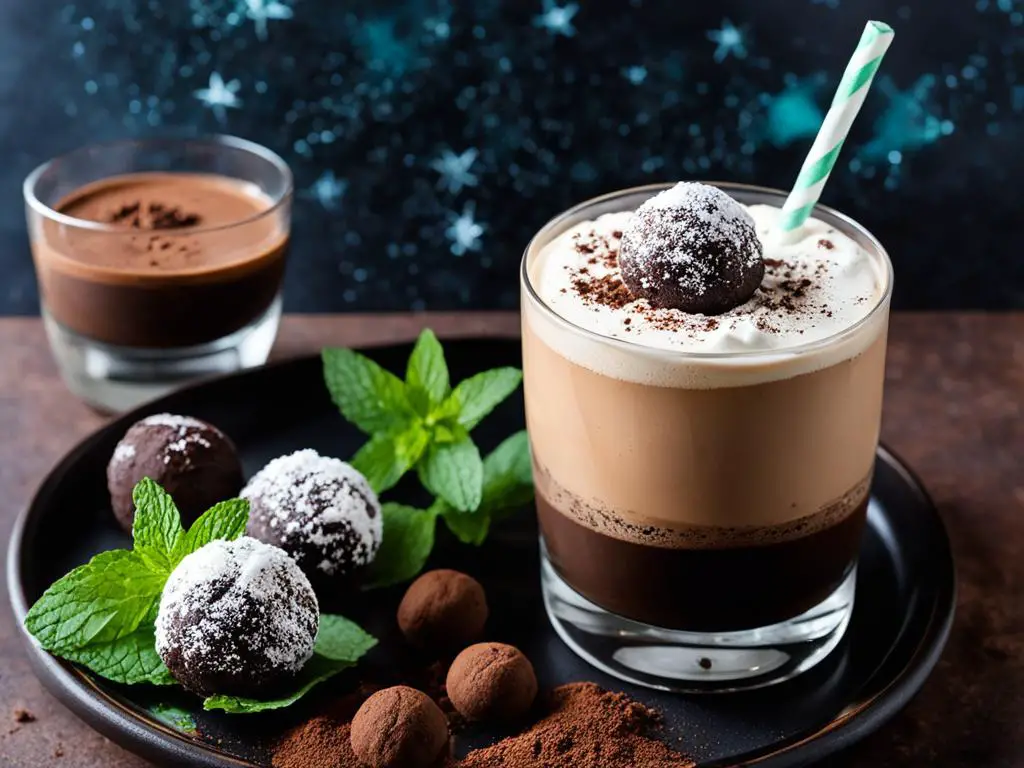 Chocolate Shake with coco powder, chocolate balls and mint leaves on plate placed on the table in front of chocolate glass
