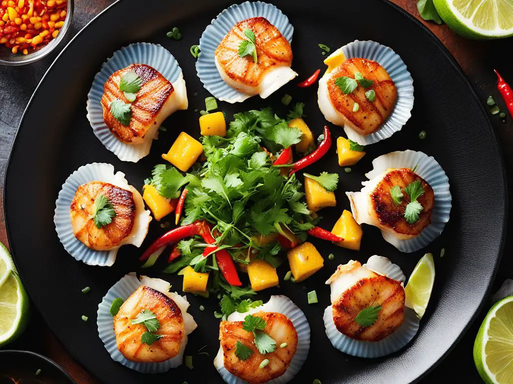 Verities of scallops with global flavors and coriander in a plate