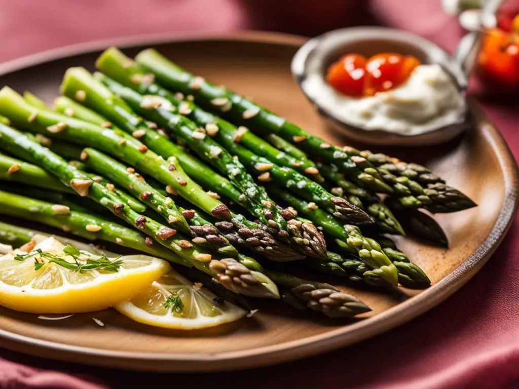Grilled asparagus with sauce and Lemon slices  in plate
