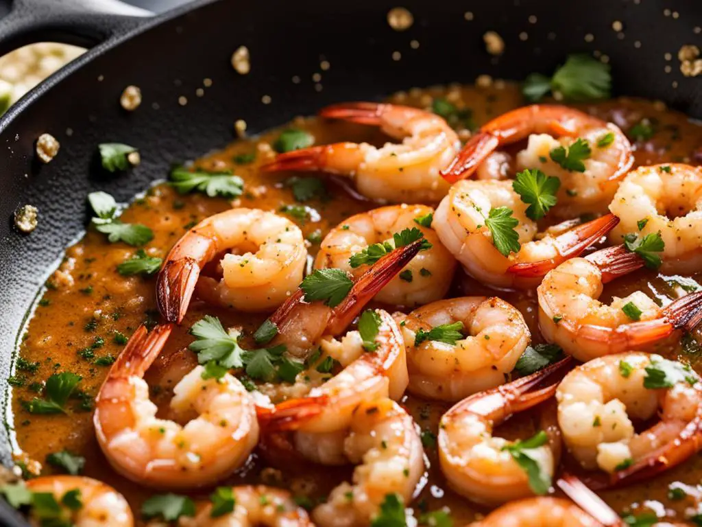Shrimp with gravy in pan 