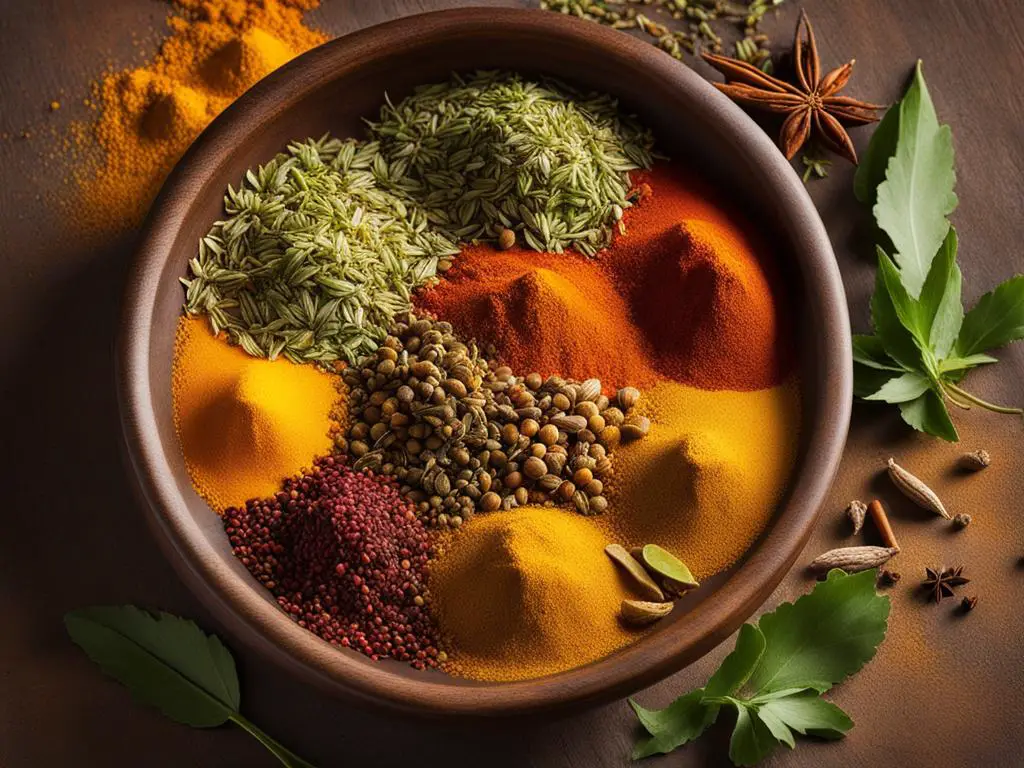 Varieties of Spices in a plate with Star anise and leafs on the table