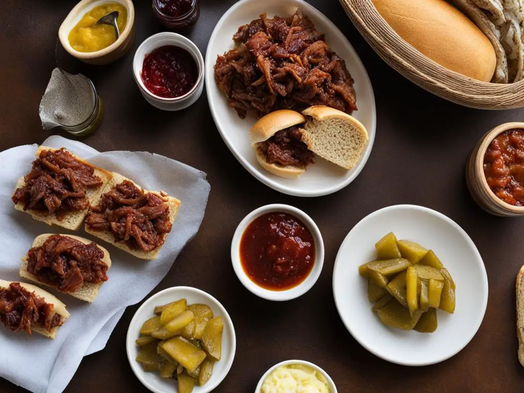 Variety of BBQ dishes with bread, pickles and sauces on the table