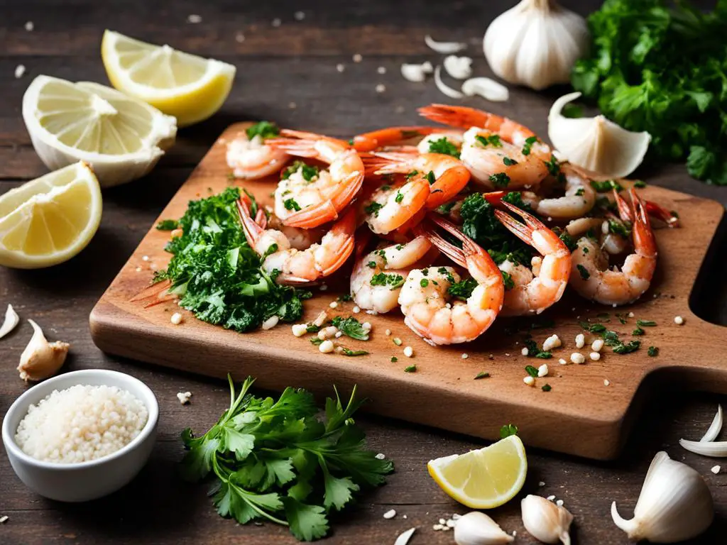 Shrimp on serving board with coriander with lemons and garlics and coriander on a table 