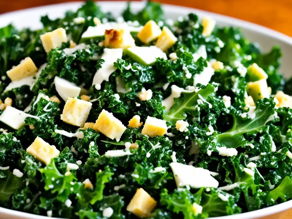 Kale caesar salad plate on a table 
