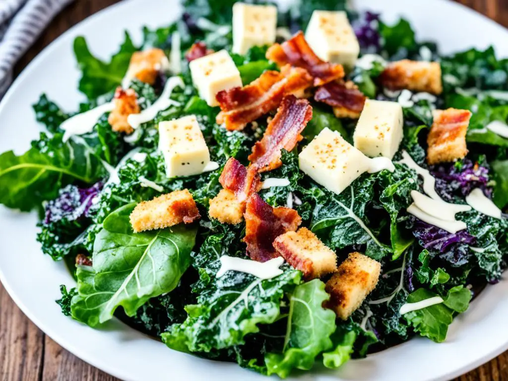 Kale caesar salad in plate on a table 