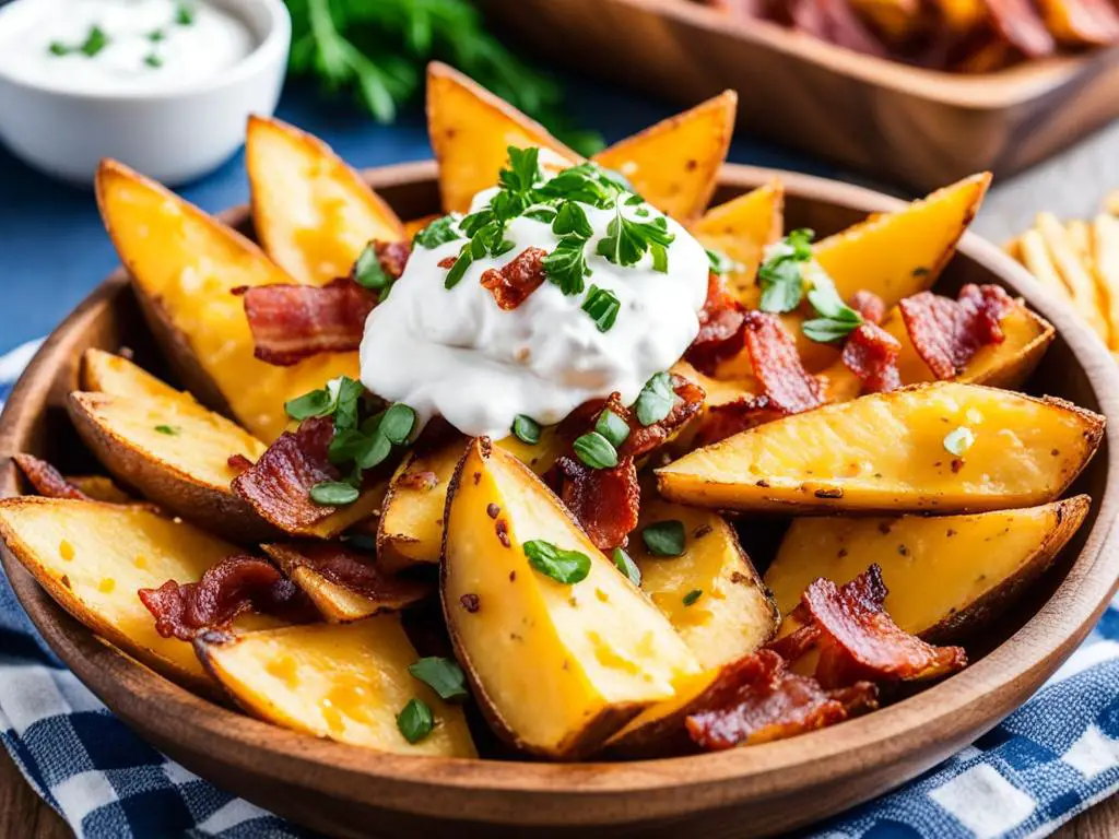 Loaded Potato Wedges Topped with cream and Coriander