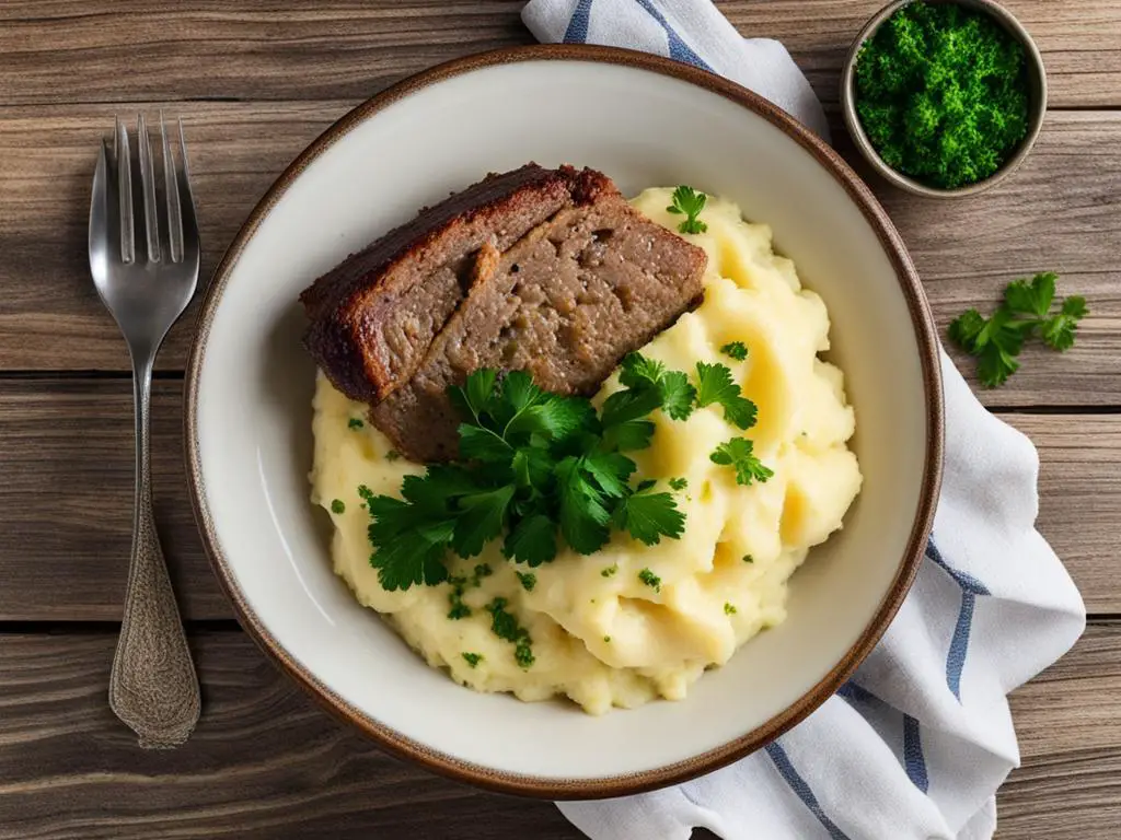 Mashed potatoes with meatloaf and coriander in a plate with spoon on the table 