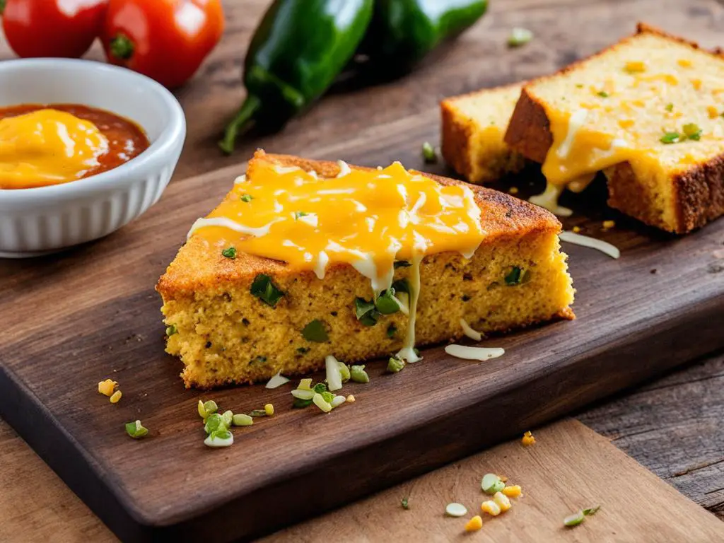 Mexican Cornbread with sauce on serving board placed on the table