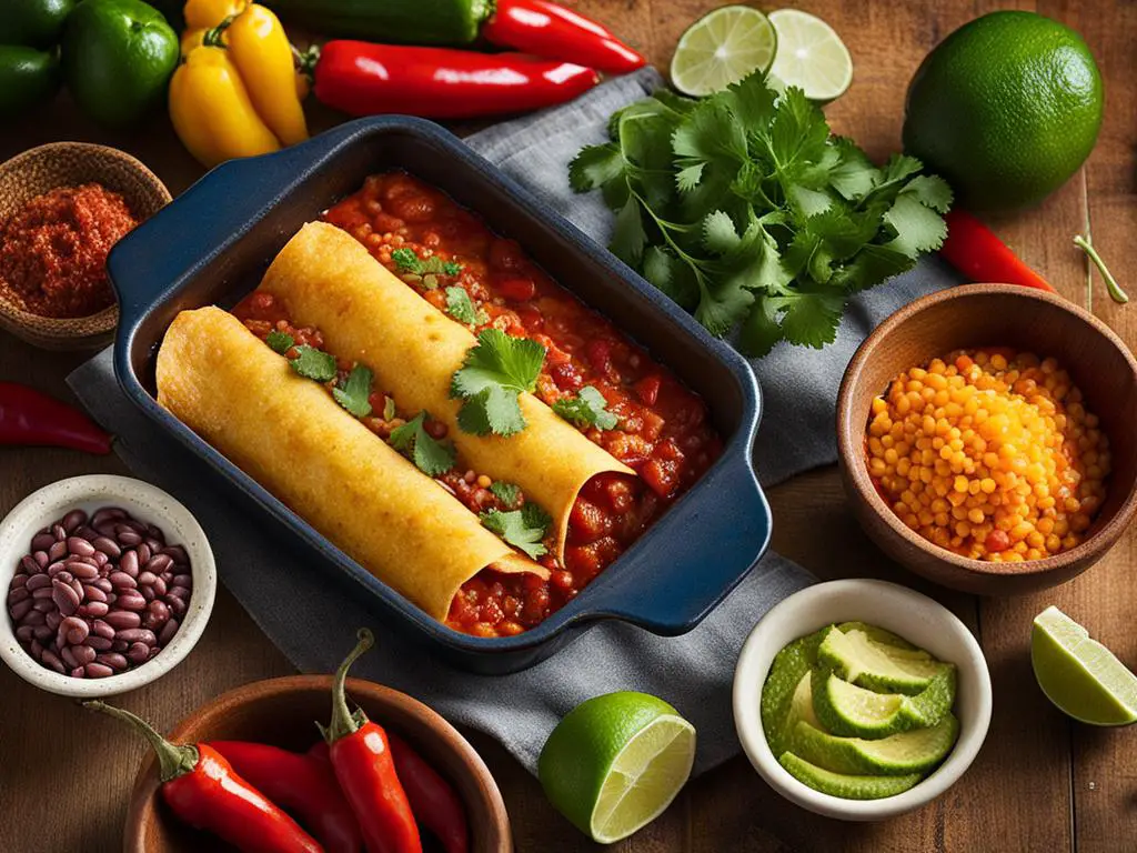 Enchiladas with vegetables, lentils and beans on the table