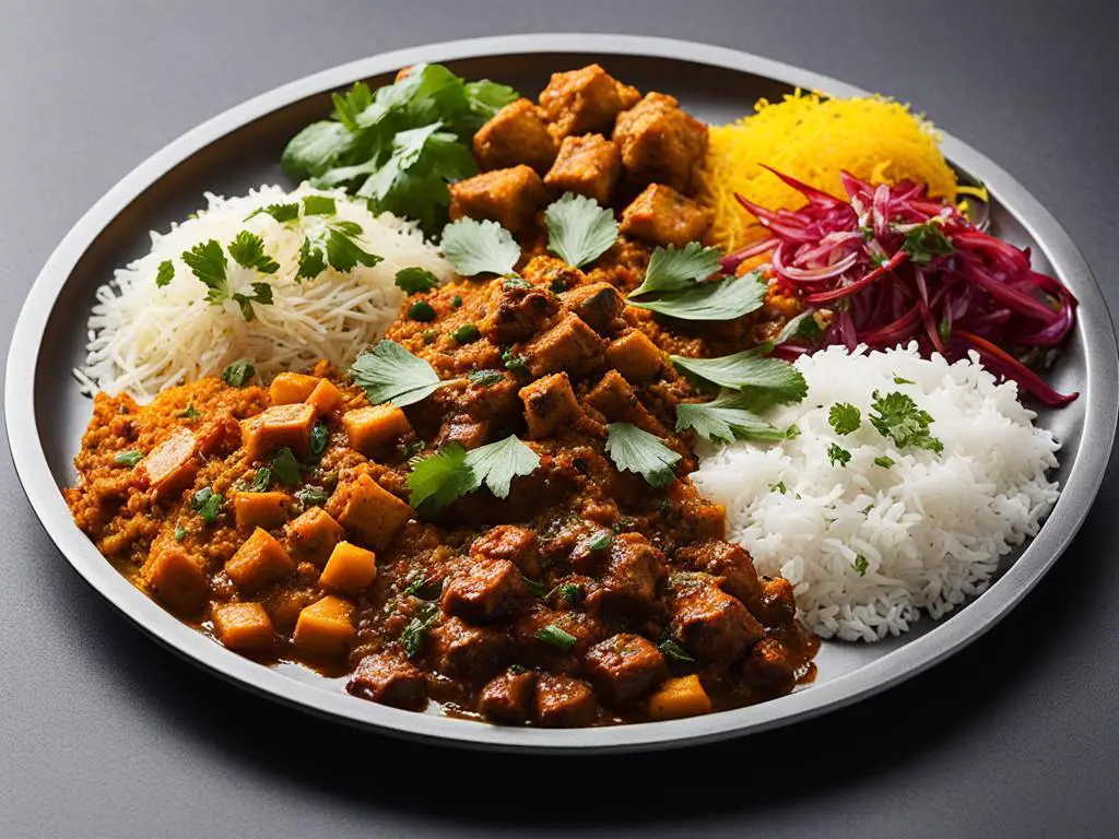 Plate with plain rice, Meat Curry, beat root, and zerda topped with coriander