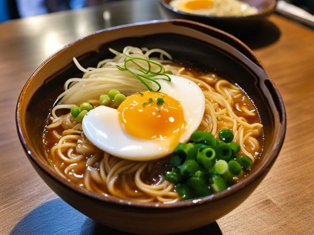 Noodles with boiled Egg and Beans on table
