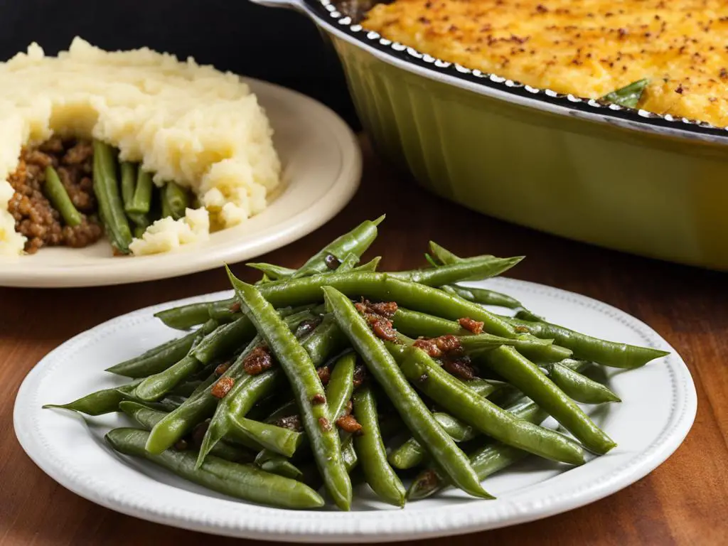 Oven Roasted Green Beans, Shepherd's Pie, and Ground Beef with Mashed potatoes and Green Beans on the table