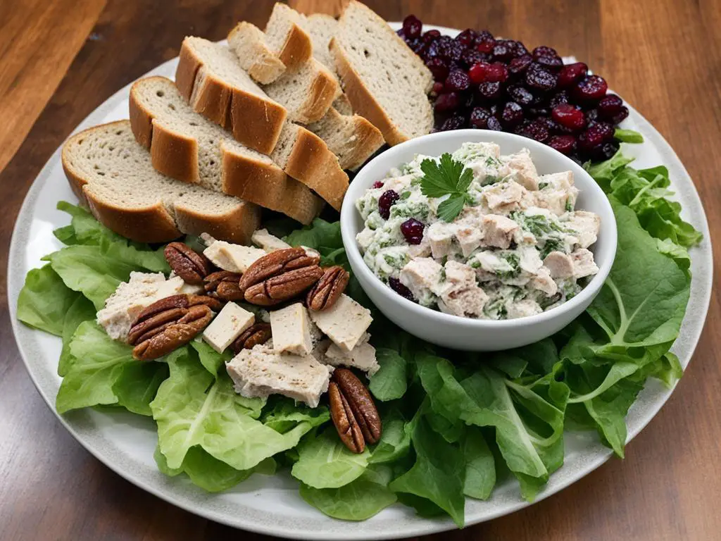 Tray filled with slices of bread with chicken salad, berries and nuts on a table