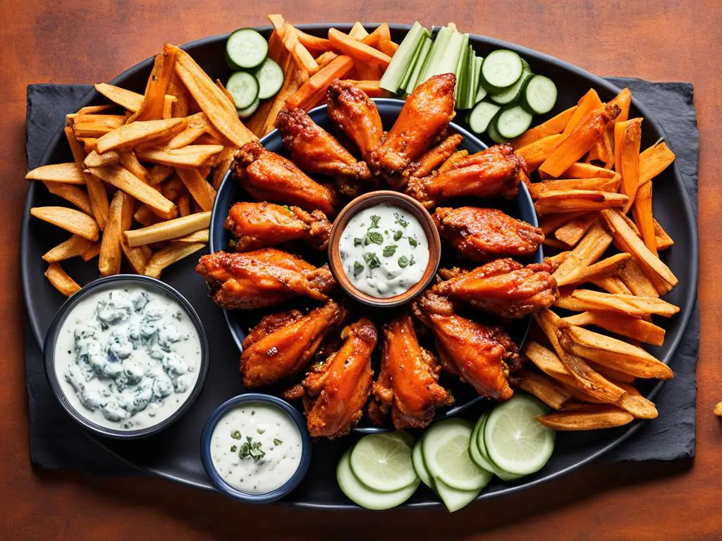 Wings with Potato Wedges, Cucumber, Lemon and Sauces on a tray