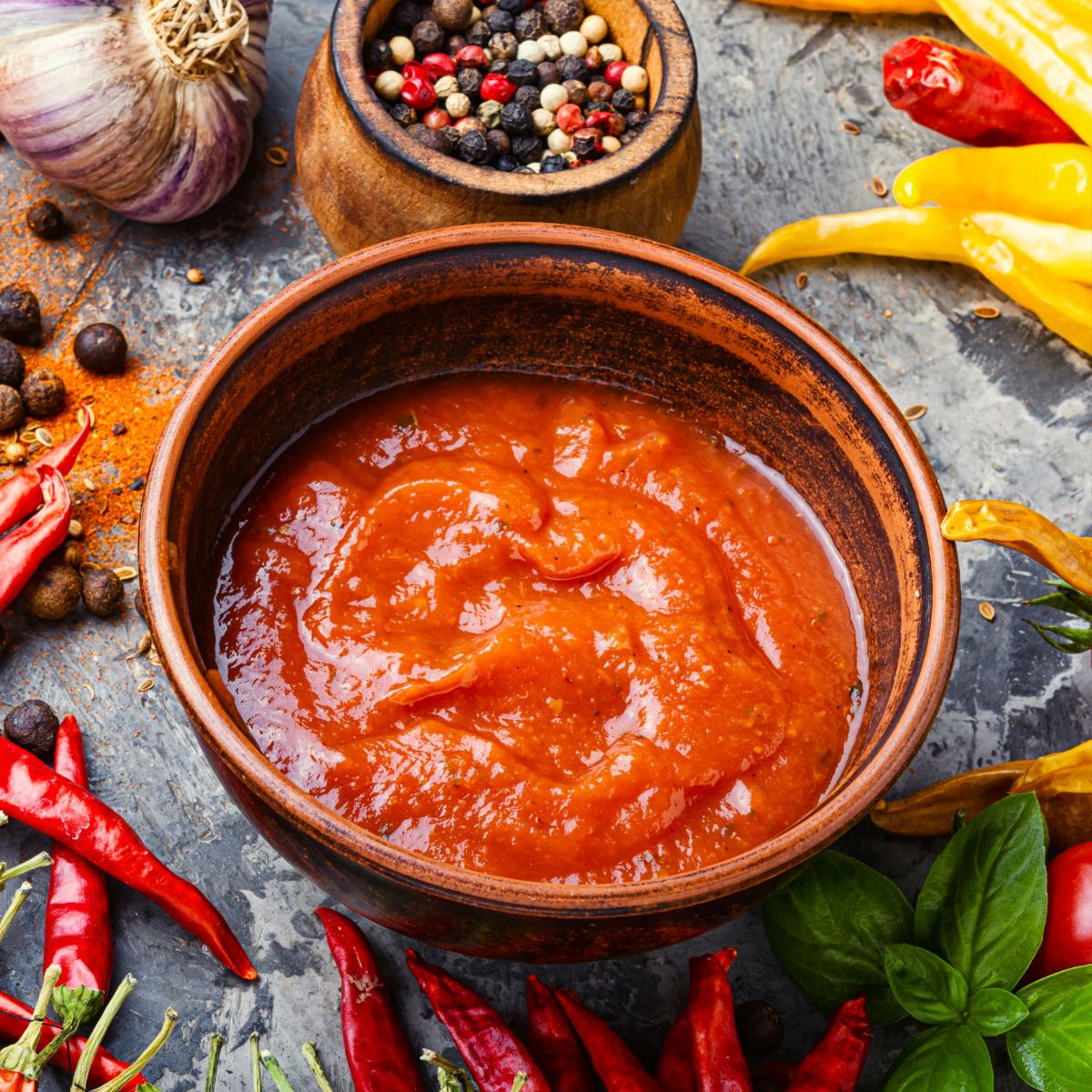 Red enchilada sauce in a bowl surrounded by chillies, garlic and peppers on the table