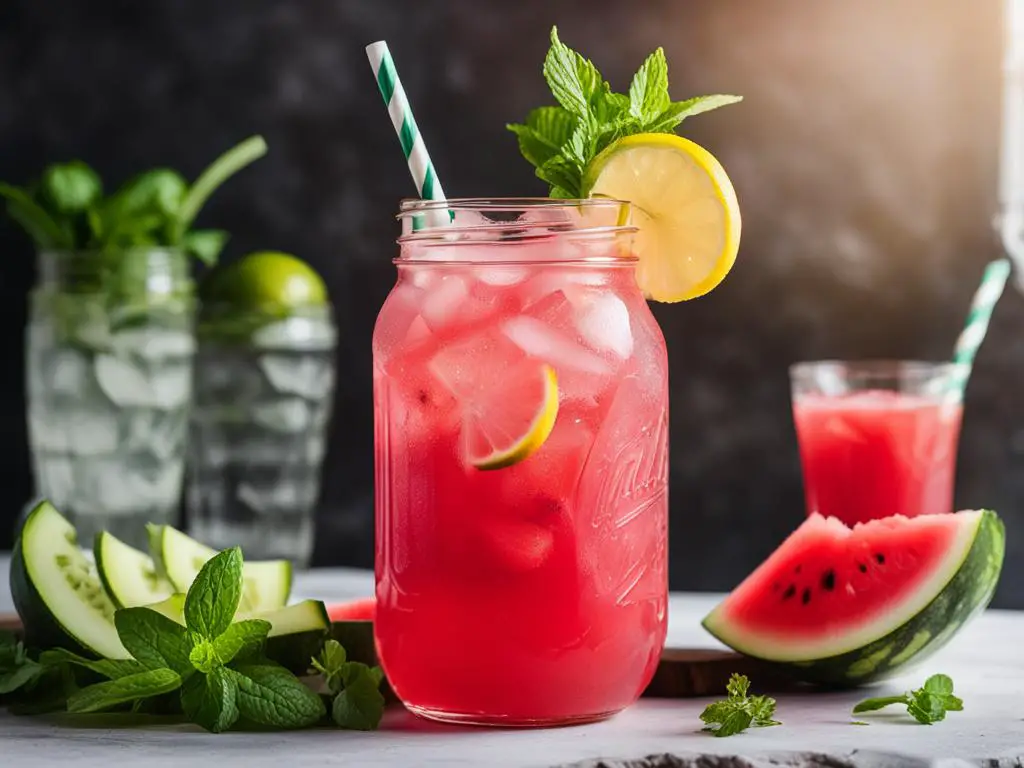 Refreshing watermelon lemonade and fresh slices on table 