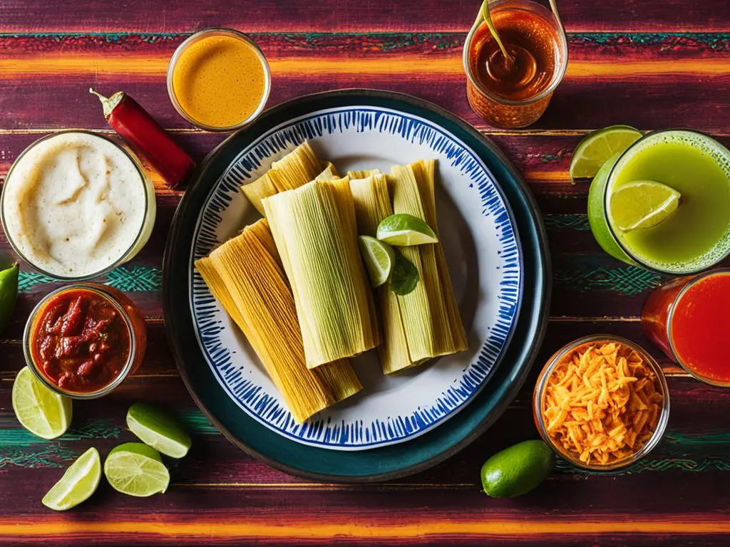 Refreshing beverage pairings with tamale and sauces with lemon on the table